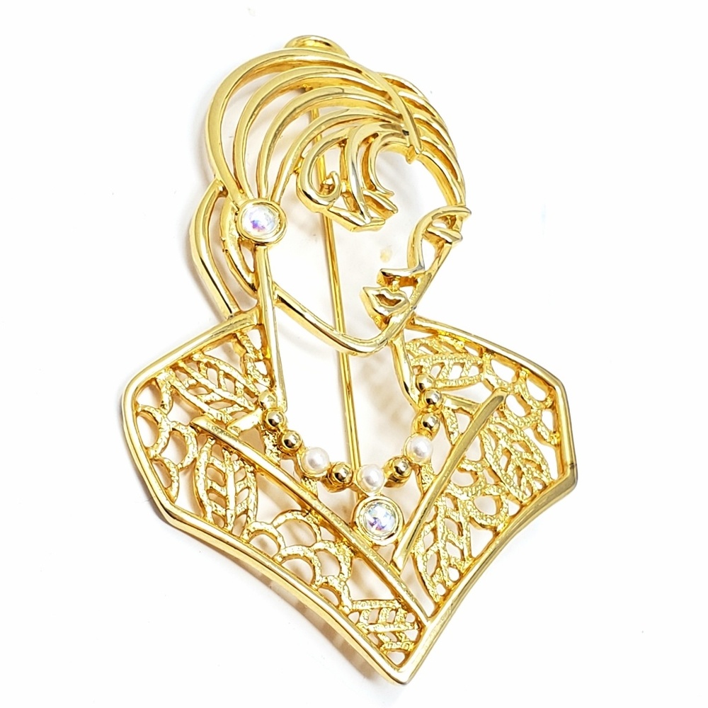 JJ signed Portrait of a Woman Pin Art Deco Brooch